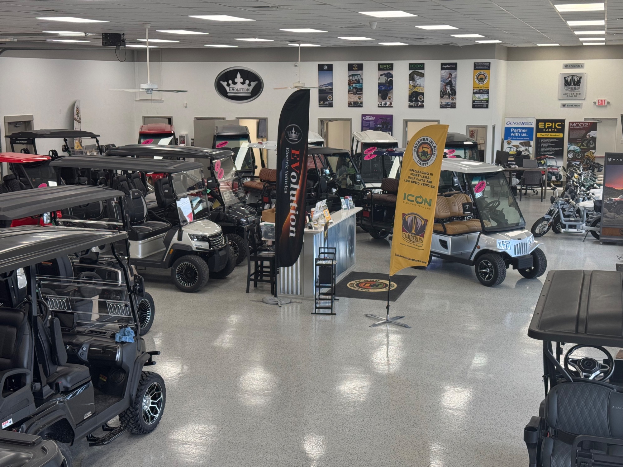 Catawba Island Carts showroom interior with featured Club Car inventory